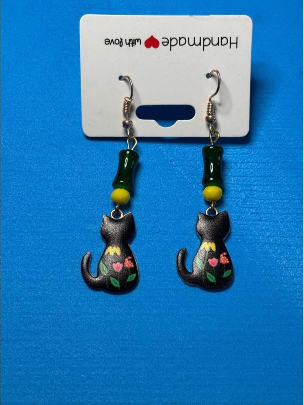 Handmade Black Cat Floral Earrings